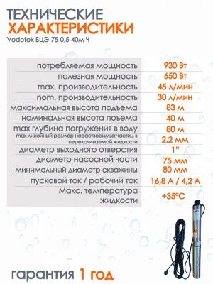Насос погружной"Vodotok" БЦЭ-75-0,5-40м-Ч насосы от магазина счетчики-юг