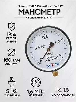 Манометр Экомера МД02-160мм 0..1,6 МПа G1\2